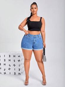 SHEIN SXY Plus High Waist Roll Up Hem Denim Shorts - Light Wash - View 5