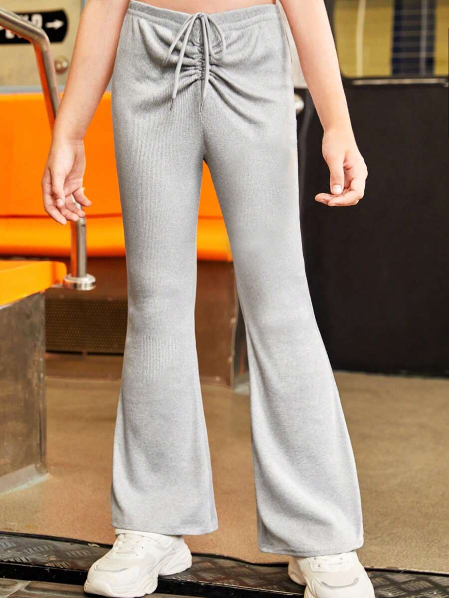 SHEIN 女大童抽繩前收褶喇叭褲 - 淺灰色 - 查看 1