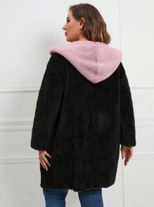 SHEIN LUNE Hơn Thả vai áo có mũ Áo khoác Teddy - màu đen - Xem 2