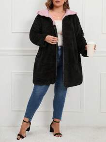 SHEIN LUNE Hơn Thả vai áo có mũ Áo khoác Teddy - màu đen - Xem 3