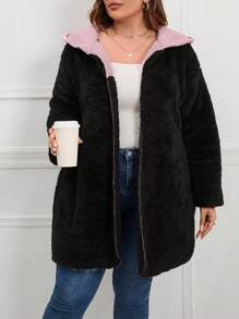 SHEIN LUNE Hơn Thả vai áo có mũ Áo khoác Teddy - màu đen - Xem 5