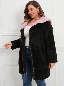 SHEIN LUNE Hơn Thả vai áo có mũ Áo khoác Teddy - màu đen - Xem 6