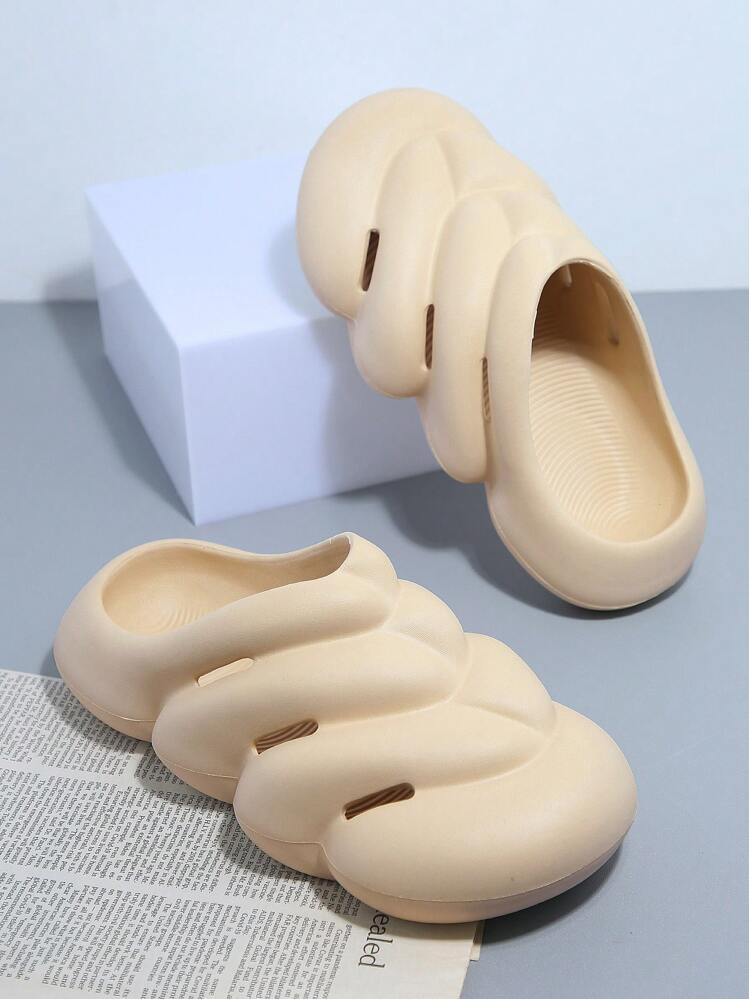 Round Toe Padded Straps Slides - Khaki - View 1
