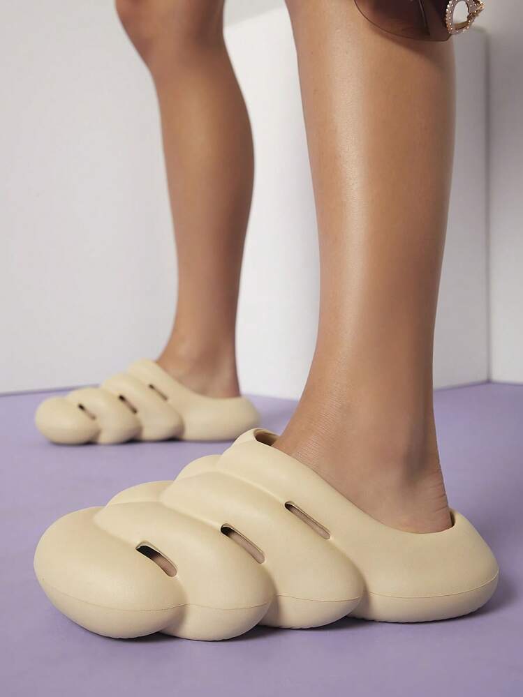 Round Toe Padded Straps Slides - Khaki - View 3