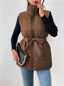 SHEIN Privé Áo vest có dây kéo khóa, áo khoác có đệm, quần áo mùa đông - Cà phê nâu - Xem 1