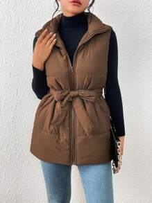 SHEIN Privé Áo vest có dây kéo khóa, áo khoác có đệm, quần áo mùa đông - Cà phê nâu - Xem 5