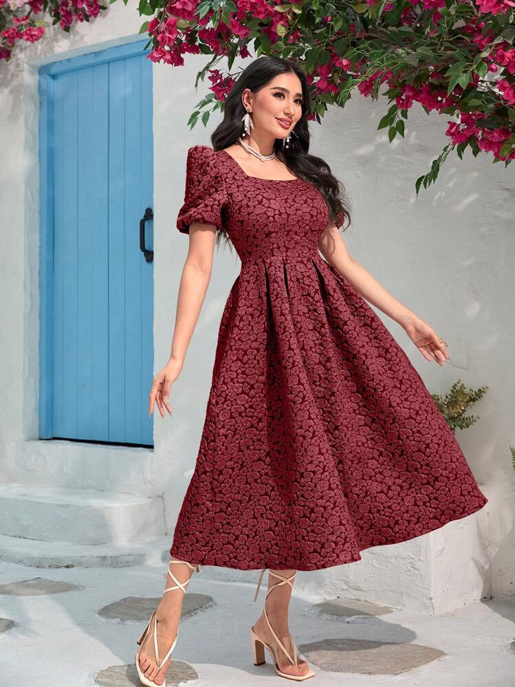 Modelyn Burgundy Red Jacquard Square Neck Puff Sleeve Dress