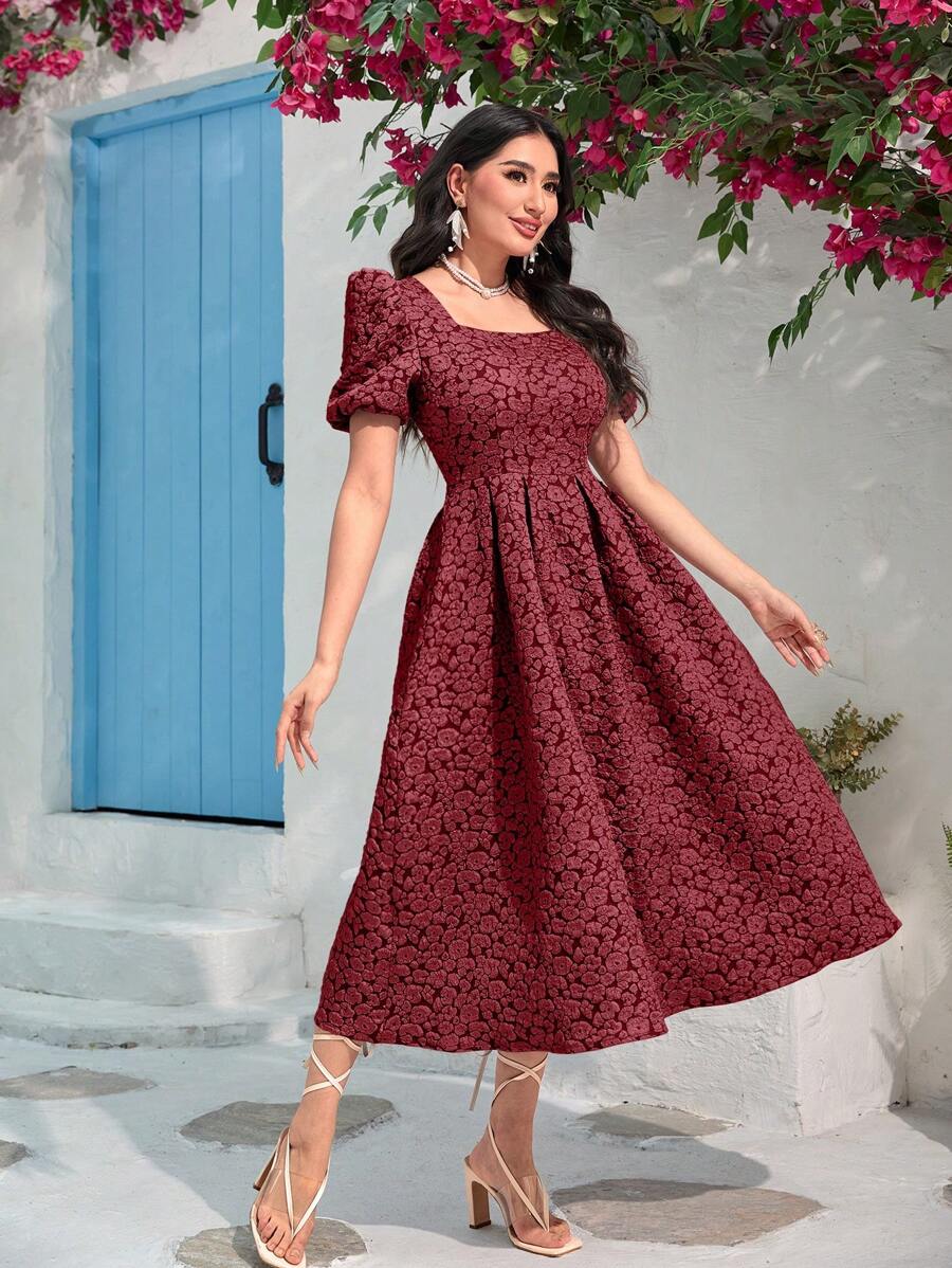 Modelyn Váy tay bồng cổ vuông dệt jacquard màu đỏ tía - Màu Đỏ Sâu - Xem 1