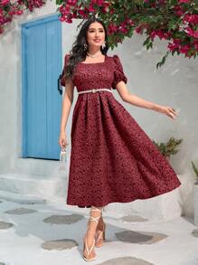 Modelyn Váy tay bồng cổ vuông dệt jacquard màu đỏ tía - Màu Đỏ Sâu - Xem 5