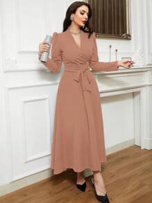 Modelyn Solid Surplice Neck Belted Dress Long Evening Dresses - Dusty Pink - View 1