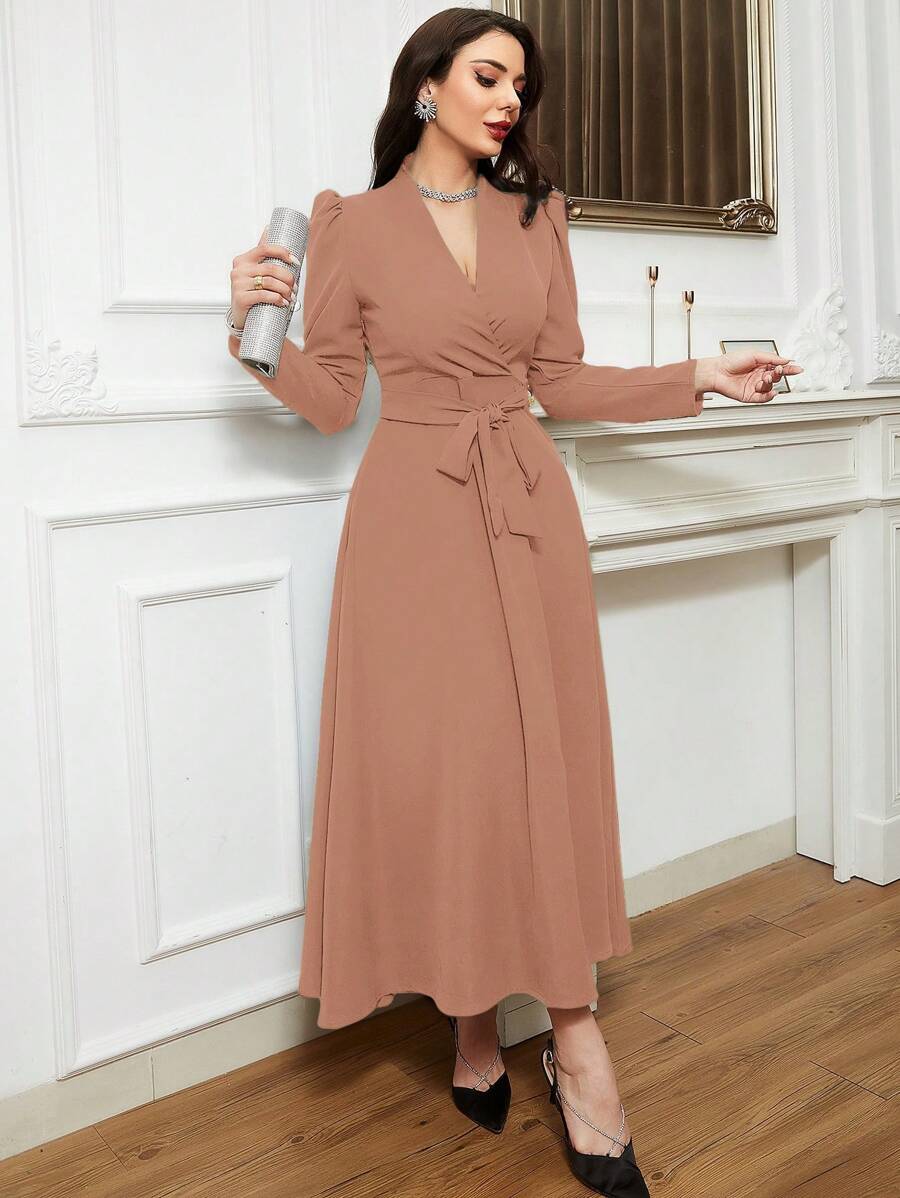 Modelyn Solid Surplice Neck Belted Dress Long Evening Dresses - Dusty Pink - View 1