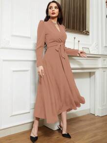 Modelyn Solid Surplice Neck Belted Dress Long Evening Dresses - Dusty Pink - View 4