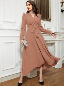 Modelyn Solid Surplice Neck Belted Dress Long Evening Dresses - Dusty Pink - View 6