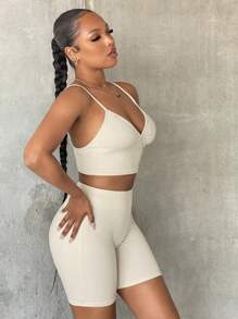 SHEIN SXY Chất rắn Cami ngọn & Quần short đi xe - Màu be - Xem 3