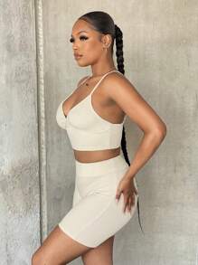 SHEIN SXY Chất rắn Cami ngọn & Quần short đi xe - Màu be - Xem 5