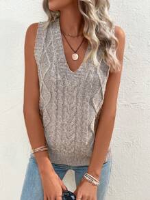 SHEIN VCAY Xoắn Dan Áo len vest - Màu Khaki - Xem 5