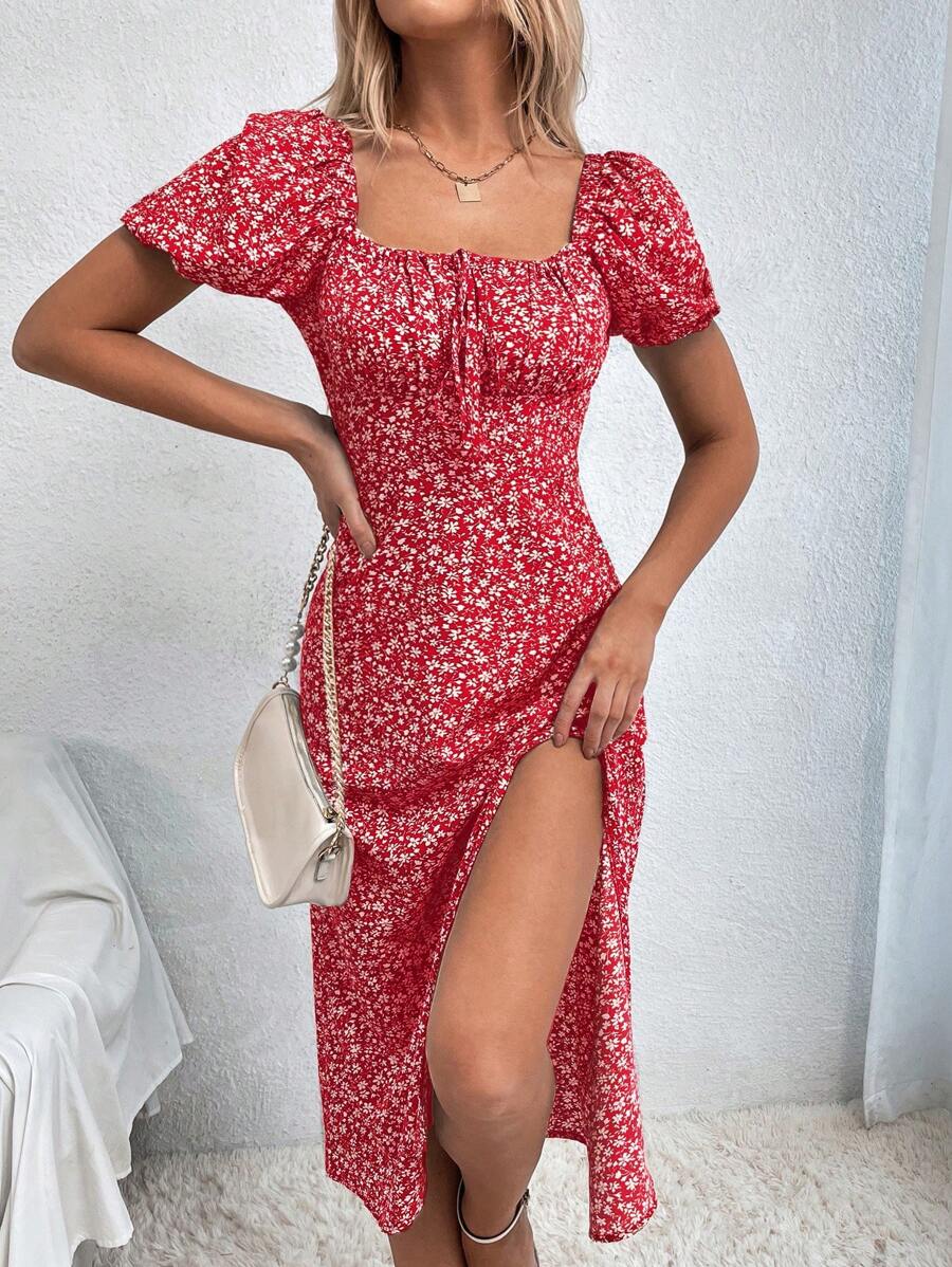 Chiquease Ditsy Floral Print Knot Front Split Thigh Dress For New Year Clothes Maxi Women Outfit - Red - View 1