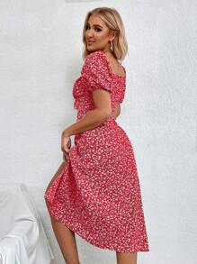 Chiquease Ditsy Floral Print Knot Front Split Thigh Dress For New Year Clothes Maxi Women Outfit - Red - View 2