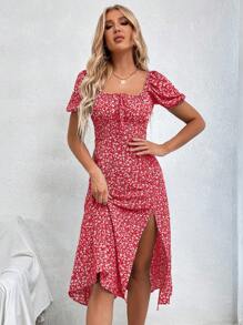Chiquease Ditsy Floral Print Knot Front Split Thigh Dress For New Year Clothes Maxi Women Outfit - Red - View 4