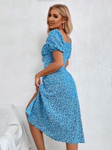 Breezaya 女士碎花系带短泡泡袖侧开衩下摆优雅浪漫度假连衣裙 - 藍色 - 查看 2