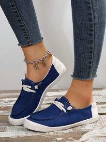 Women Lace-up Front Slip On Canvas Shoes, Sporty Outdoor Canvas Casual Shoes - Blue - View 1