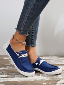 Women Lace-up Front Slip On Canvas Shoes, Sporty Outdoor Canvas Casual Shoes - Blue - View 3