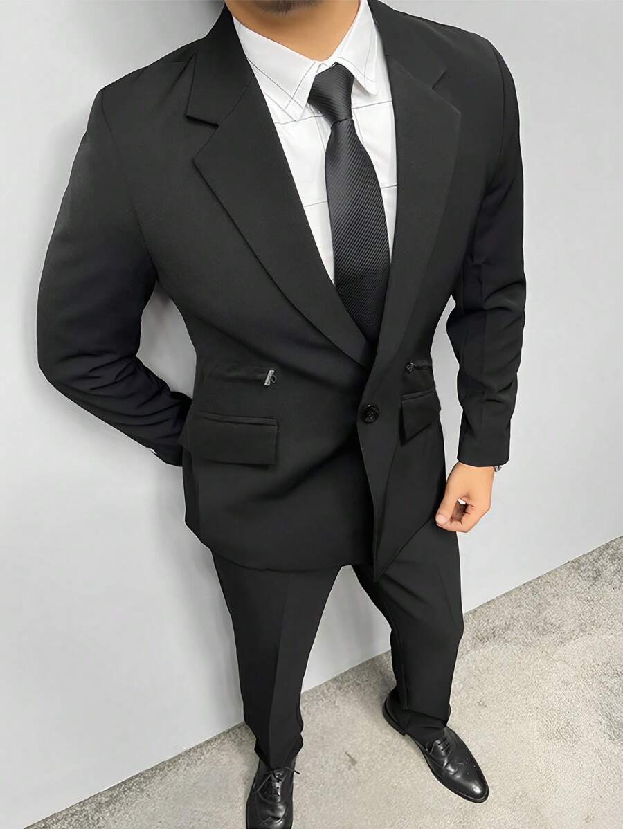Manfinity Mode Men 1pc Single Button Blazer & 1pc Suit Pants - Black - View 1