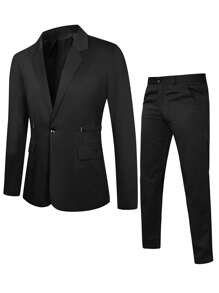 Manfinity Mode Men 1pc Single Button Blazer & 1pc Suit Pants - Black - View 7