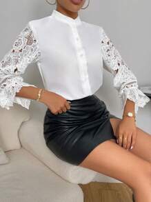 SHEIN Privé 蕾絲拼接荷葉袖襯衫 - 白色 - 查看 4