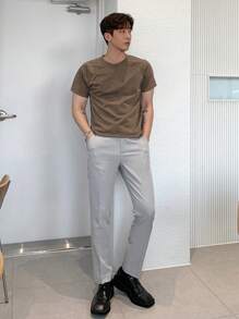 DAZY 男士纯色插肩袖T恤，秋装 - 駝色 - 查看 4