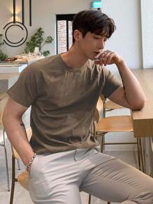 DAZY 男士纯色插肩袖T恤，秋装 - 駝色 - 查看 5