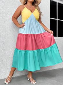 SHEIN VCAY Plus Colorblock Ruffle Hem Cami Dress