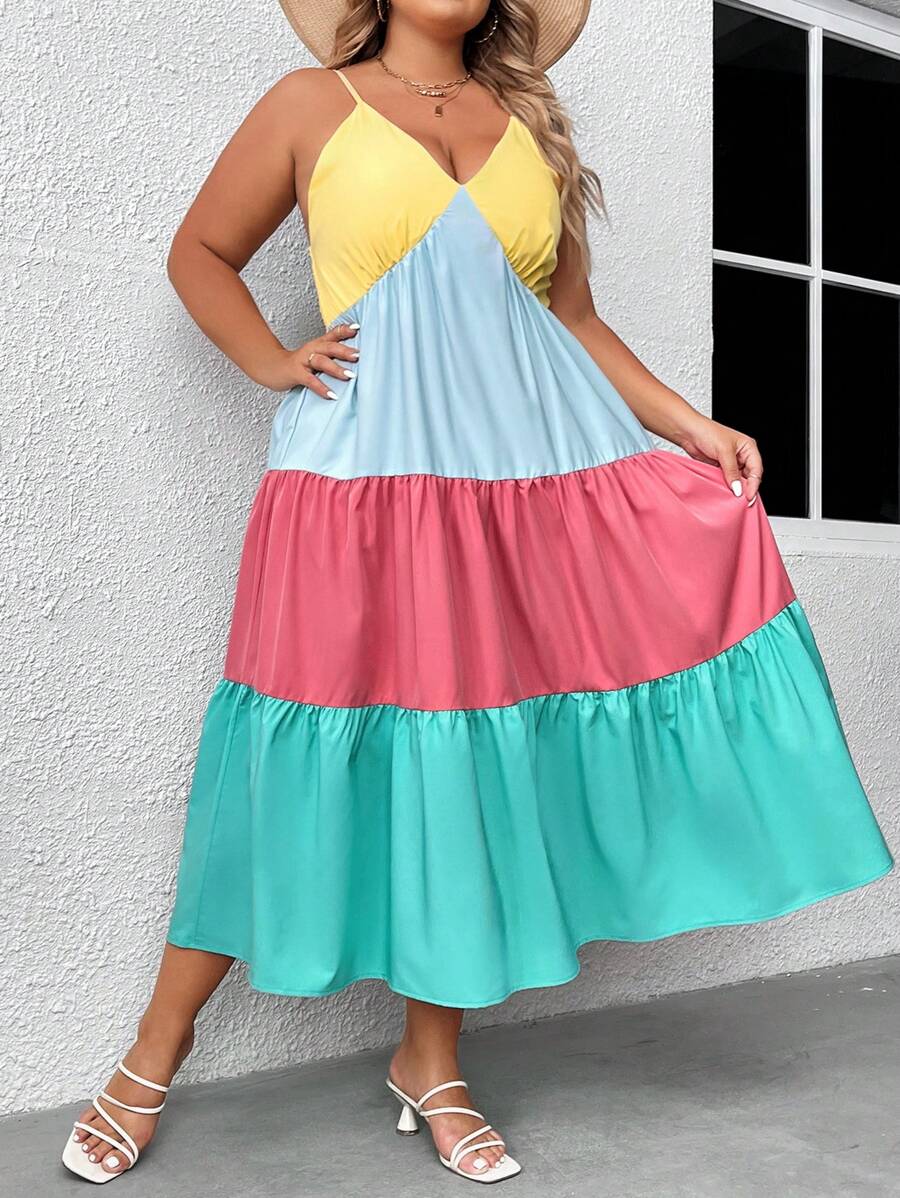 SHEIN VCAY Plus Colorblock Ruffle Hem Cami Dress