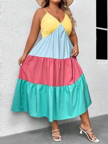 SHEIN VCAY Plus Colorblock Ruffle Hem Cami Dress