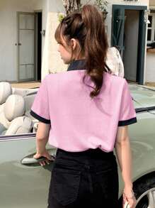 DAZY Playera Con Cuello Tipo Polo, Con Bordado De Corazón Y Detalle De Contraste En El Borde Del Cuello. - Rosa - Ver 2