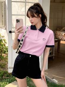 DAZY Playera Con Cuello Tipo Polo, Con Bordado De Corazón Y Detalle De Contraste En El Borde Del Cuello. - Rosa - Ver 3