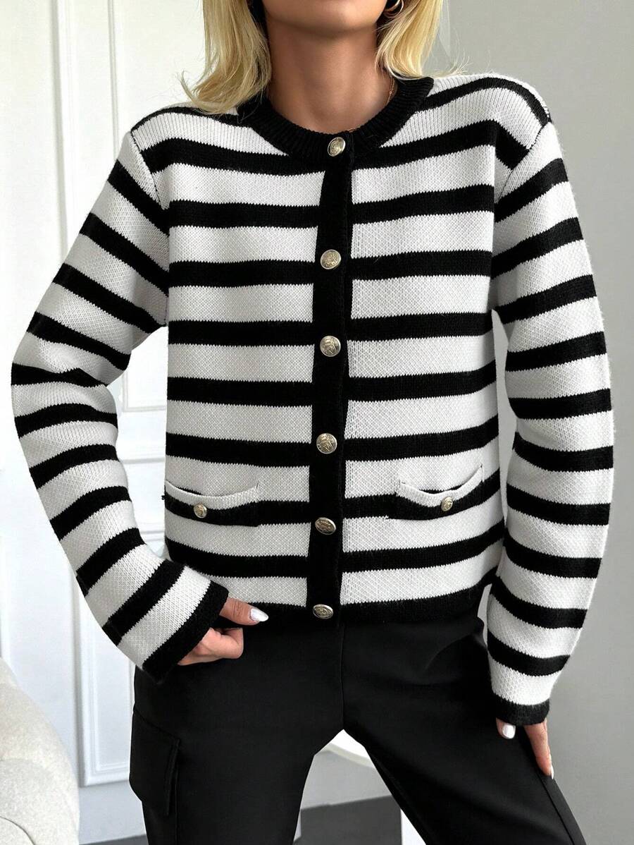 EURMUSE Striped Pattern Button Front Cardigan - Black and White - View 1