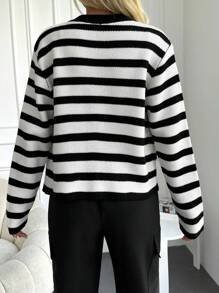 EURMUSE Striped Pattern Button Front Cardigan - Black and White - View 2