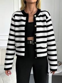 EURMUSE Striped Pattern Button Front Cardigan - Black and White - View 3