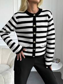 EURMUSE Striped Pattern Button Front Cardigan - Black and White - View 4