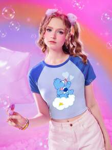 ROMWE X Care Bears Áo thun nữ Hoạt hình Khối Màu Giải trí - Màu xanh lam - Xem 2