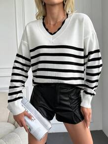 EURMUSE Striped Pattern Drop Shoulder Sweater - Black and White - View 1