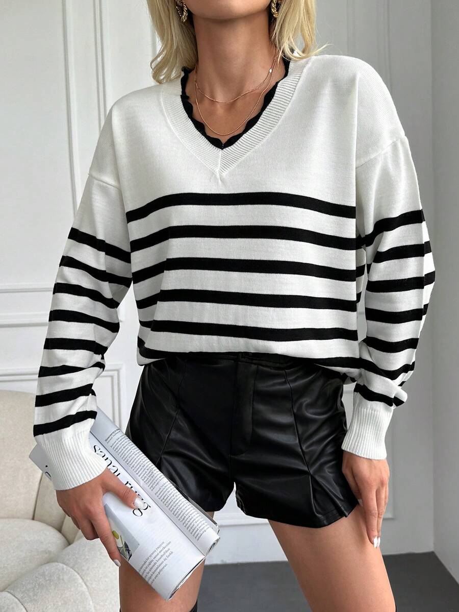 EURMUSE Striped Pattern Drop Shoulder Sweater - Black and White - View 1