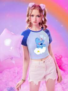 ROMWE X Care Bears Áo thun nữ Hoạt hình Khối Màu Giải trí - Màu xanh lam - Xem 3