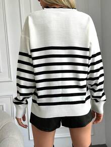 EURMUSE Striped Pattern Drop Shoulder Sweater - Black and White - View 2