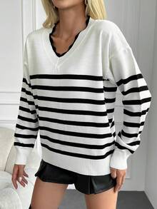 EURMUSE Striped Pattern Drop Shoulder Sweater - Black and White - View 3