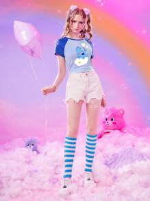 ROMWE X Care Bears Áo thun nữ Hoạt hình Khối Màu Giải trí - Màu xanh lam - Xem 4