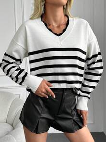 EURMUSE Striped Pattern Drop Shoulder Sweater - Black and White - View 4