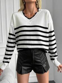 EURMUSE Striped Pattern Drop Shoulder Sweater - Black and White - View 5