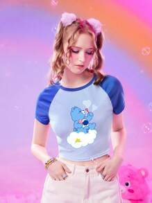 ROMWE X Care Bears Áo thun nữ Hoạt hình Khối Màu Giải trí - Màu xanh lam - Xem 5
